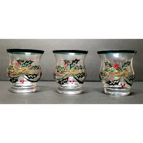 VTG Lenox Holiday Spirit Trio Votives (3) NWT Glass Holly Berry Green Red Signed - Picture 1 of 7